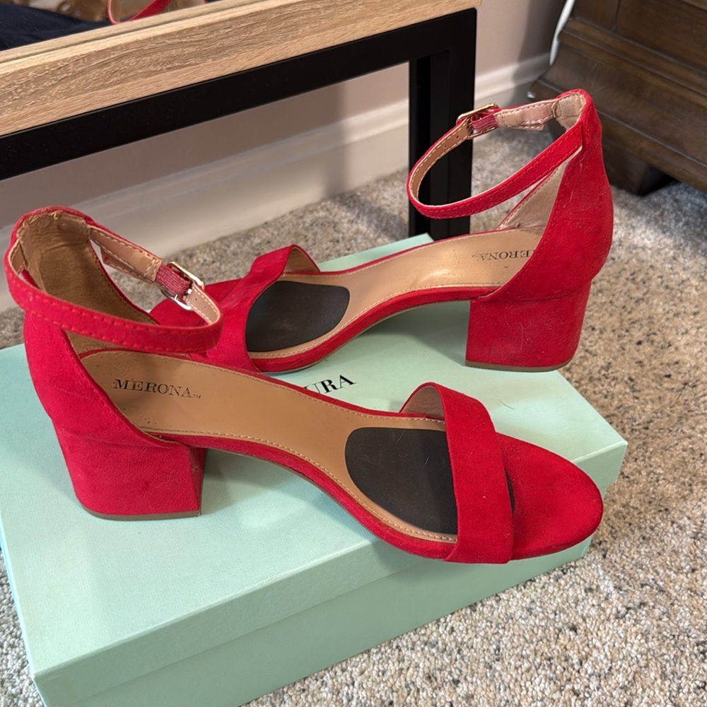 Merona Red Suede Block Heels Sandals - Picture 8 of 9